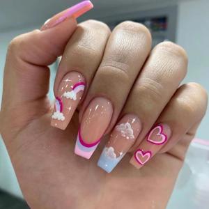 imageBABALAL Coffin Press on Nails Long Fake Nails Glossy Blue Glue on Nails Butterfly Ballerina Acrylic Nails 24Pcs Rhinestones Manicure Thanksgiving Stick on Nails for Women and GirlsNP409pink