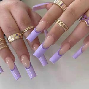 imageBABALAL Coffin Press on Nails Long Fake Nails Glossy Blue Glue on Nails Butterfly Ballerina Acrylic Nails 24Pcs Rhinestones Manicure Thanksgiving Stick on Nails for Women and GirlsNP403purple