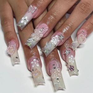 imageBABALAL Duck Nails Press ons Pink French Tips Press on Nails False Nails with Rhinestone Cherry Flower Designs Glossy Luxury Duck Nail Tips 24pcs Gel Acrylic Manicure False Nails KitFNDU311