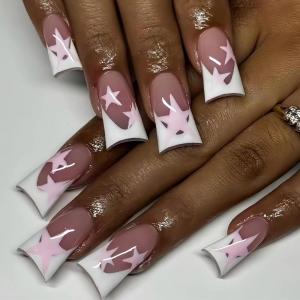 imageBABALAL Duck Nails Press ons Pink French Tips Press on Nails False Nails with Rhinestone Cherry Flower Designs Glossy Luxury Duck Nail Tips 24pcs Gel Acrylic Manicure False Nails KitFNDU309white