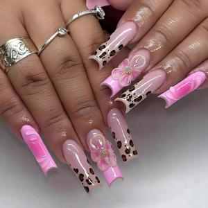 imageBABALAL Duck Nails Press ons Pink French Tips Press on Nails False Nails with Rhinestone Cherry Flower Designs Glossy Luxury Duck Nail Tips 24pcs Gel Acrylic Manicure False Nails KitFNDU309flower