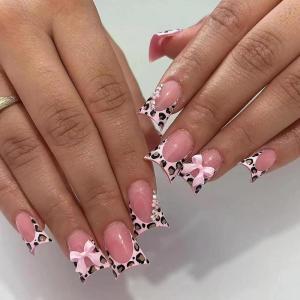 imageBABALAL Duck Nails Press ons Pink French Tips Press on Nails False Nails with Rhinestone Cherry Flower Designs Glossy Luxury Duck Nail Tips 24pcs Gel Acrylic Manicure False Nails KitFNDU309cow