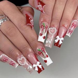 imageBABALAL Duck Nails Press ons Pink French Tips Press on Nails False Nails with Rhinestone Cherry Flower Designs Glossy Luxury Duck Nail Tips 24pcs Gel Acrylic Manicure False Nails KitFNDU308french