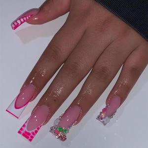 imageBABALAL Duck Nails Press ons Pink French Tips Press on Nails False Nails with Rhinestone Cherry Flower Designs Glossy Luxury Duck Nail Tips 24pcs Gel Acrylic Manicure False Nails KitFNDU304cherry