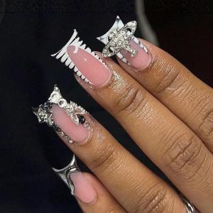 imageBABALAL Duck Nails Press ons Pink French Tips Press on Nails False Nails with Rhinestone Cherry Flower Designs Glossy Luxury Duck Nail Tips 24pcs Gel Acrylic Manicure False Nails KitFNDU307punk