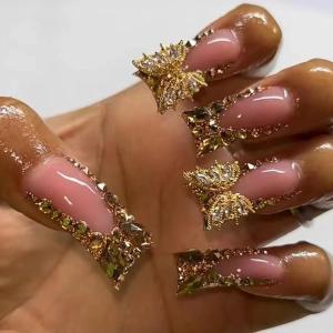 imageBABALAL Duck Nails Press ons Pink French Tips Press on Nails False Nails with Rhinestone Cherry Flower Designs Glossy Luxury Duck Nail Tips 24pcs Gel Acrylic Manicure False Nails KitFNDU309gold