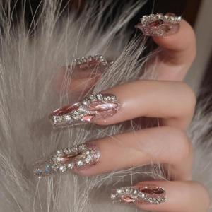 imageBABALAL Duck Nails Press ons Pink French Tips Press on Nails False Nails with Rhinestone Cherry Flower Designs Glossy Luxury Duck Nail Tips 24pcs Gel Acrylic Manicure False Nails KitFNDU303