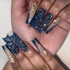 imageBABALAL Duck Nails Press ons Pink French Tips Press on Nails False Nails with Rhinestone Cherry Flower Designs Glossy Luxury Duck Nail Tips 24pcs Gel Acrylic Manicure False Nails KitFNDU308blue