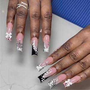 imageBABALAL Duck Nails Press ons Pink French Tips Press on Nails False Nails with Rhinestone Cherry Flower Designs Glossy Luxury Duck Nail Tips 24pcs Gel Acrylic Manicure False Nails KitFNDU308zebra