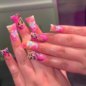 imageBABALAL Duck Nails Press ons Pink French Tips Press on Nails False Nails with Rhinestone Cherry Flower Designs Glossy Luxury Duck Nail Tips 24pcs Gel Acrylic Manicure False Nails KitFNDU309cheetah
