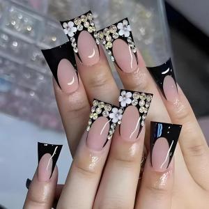 imageBABALAL Duck Nails Press ons Pink French Tips Press on Nails False Nails with Rhinestone Cherry Flower Designs Glossy Luxury Duck Nail Tips 24pcs Gel Acrylic Manicure False Nails KitFNDU310black