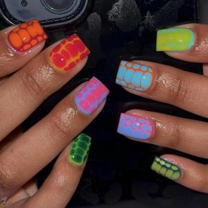 imageBABALAL French Tip Press on Nails Medium Square Fake Nails Colorful Glue ons Nails Crocodile Pattern Design Acrylic Nails 24Pcs Squoval Full Cover False NailsFNr23colorful