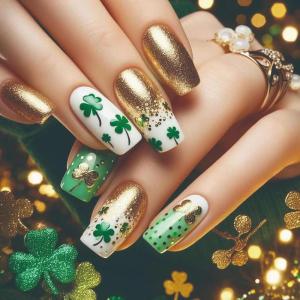 imageBABALAL French Tip Press on Nails Medium Square Fake Nails Colorful Glue ons Nails Crocodile Pattern Design Acrylic Nails 24Pcs Squoval Full Cover False NailsFNr23shamrock