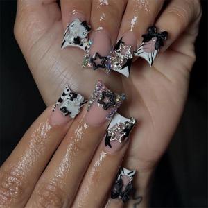 imageBABALAL French Tip Press on Nails Medium Square Fake Nails Colorful Glue ons Nails Crocodile Pattern Design Acrylic Nails 24Pcs Squoval Full Cover False NailsFNr16kitten