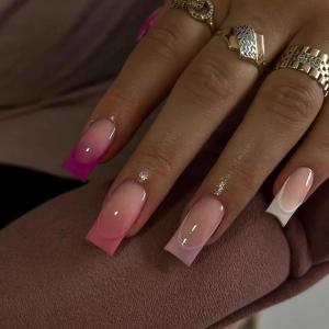 imageBABALAL French Tip Press on Nails Medium Square Fake Nails Colorful Glue ons Nails Crocodile Pattern Design Acrylic Nails 24Pcs Squoval Full Cover False NailsFNr22purplepink