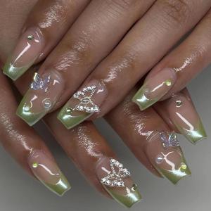 imageBABALAL French Tip Press on Nails Medium Square Fake Nails Colorful Glue ons Nails Crocodile Pattern Design Acrylic Nails 24Pcs Squoval Full Cover False NailsFNr02green