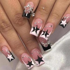 imageBABALAL French Tip Press on Nails Medium Square Fake Nails Colorful Glue ons Nails Crocodile Pattern Design Acrylic Nails 24Pcs Squoval Full Cover False NailsFNr21star