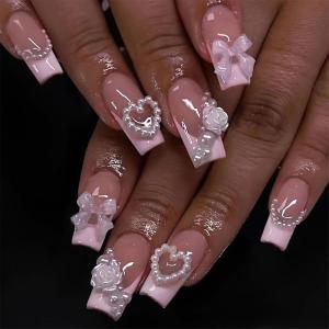 imageBABALAL French Tip Press on Nails Medium Square Fake Nails Colorful Glue ons Nails Crocodile Pattern Design Acrylic Nails 24Pcs Squoval Full Cover False NailsFNr22bow