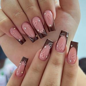 imageBABALAL French Tip Press on Nails Medium Square Fake Nails Colorful Glue ons Nails Crocodile Pattern Design Acrylic Nails 24Pcs Squoval Full Cover False NailsFNr13heart