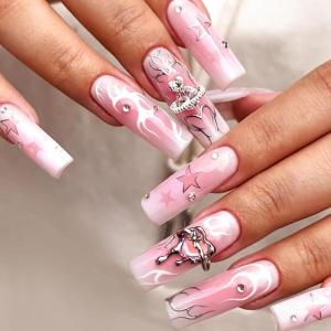 imageBABALAL Long Press on Nails Square Fake Nails Brown Glue ons Nails Wild Cheetah Design Acrylic Fall Nails 24Pcs French Tip Squoval False NailsANG02