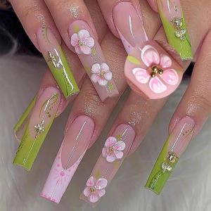 imageBABALAL Long Press on Nails Square Fake Nails Brown Glue ons Nails Wild Cheetah Design Acrylic Fall Nails 24Pcs French Tip Squoval False NailsANG02b