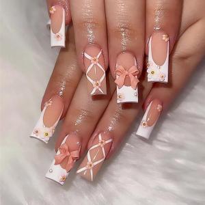imageBABALAL Long Press on Nails Square Fake Nails Brown Glue ons Nails Wild Cheetah Design Acrylic Fall Nails 24Pcs French Tip Squoval False NailsANG04