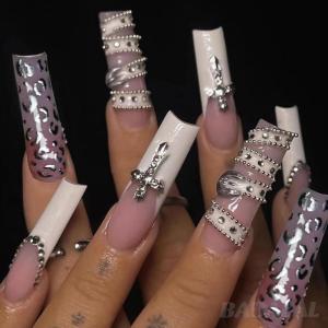 imageBABALAL Long Press on Nails Square Fake Nails Brown Glue ons Nails Wild Cheetah Design Acrylic Fall Nails 24Pcs French Tip Squoval False NailsANG04cross