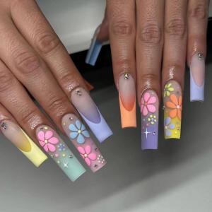imageBABALAL Long Press on Nails Square Fake Nails Brown Glue ons Nails Wild Cheetah Design Acrylic Fall Nails 24Pcs French Tip Squoval False NailsANG04flower