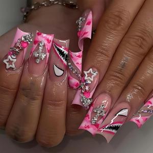 imageBABALAL Long Press on Nails Square Fake Nails Brown Glue ons Nails Wild Cheetah Design Acrylic Fall Nails 24Pcs French Tip Squoval False NailsANG04y2k