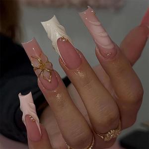 imageBABALAL Long Press on Nails Square Fake Nails Brown Glue ons Nails Wild Cheetah Design Acrylic Fall Nails 24Pcs French Tip Squoval False NailsANG05flower