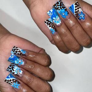 imageBABALAL Long Press on Nails Square Fake Nails Brown Glue ons Nails Wild Cheetah Design Acrylic Fall Nails 24Pcs French Tip Squoval False NailsANG06