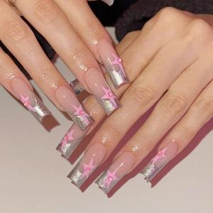 imageBABALAL Long Press on Nails Square Fake Nails Brown Glue ons Nails Wild Cheetah Design Acrylic Fall Nails 24Pcs French Tip Squoval False NailsANG08