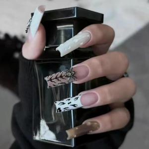 imageBABALAL Long Press on Nails Square Fake Nails Brown Glue ons Nails Wild Cheetah Design Acrylic Fall Nails 24Pcs French Tip Squoval False NailsANG12