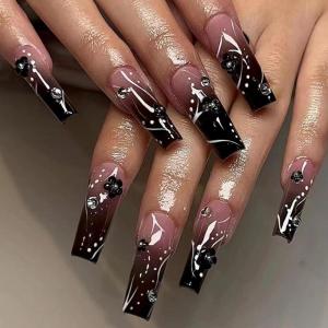 imageBABALAL Long Square Press on Nails Brown Fall Fake Nails Cheetah French Tip Design Y2k Glue ons Nails Heart Pearl Charm Acrylic Nails 24Pcs Handmade Squoval False NailsANB07
