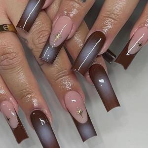 imageBABALAL Long Square Press on Nails Brown Fall Fake Nails Cheetah French Tip Design Y2k Glue ons Nails Heart Pearl Charm Acrylic Nails 24Pcs Handmade Squoval False NailsANB11
