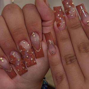imageBABALAL Long Square Press on Nails Brown Fall Fake Nails Cheetah French Tip Design Y2k Glue ons Nails Heart Pearl Charm Acrylic Nails 24Pcs Handmade Squoval False NailsANB06