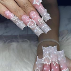 imageBABALAL Long Square Press on Nails Brown Fall Fake Nails Cheetah French Tip Design Y2k Glue ons Nails Heart Pearl Charm Acrylic Nails 24Pcs Handmade Squoval False NailsANB03