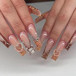 imageBABALAL Long Square Press on Nails Brown Fall Fake Nails Cheetah French Tip Design Y2k Glue ons Nails Heart Pearl Charm Acrylic Nails 24Pcs Handmade Squoval False NailsANB02cheetah