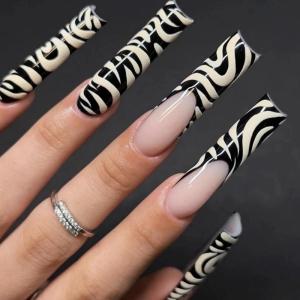 imageBABALAL Long Square Press on Nails Brown Fall Fake Nails Cheetah French Tip Design Y2k Glue ons Nails Heart Pearl Charm Acrylic Nails 24Pcs Handmade Squoval False NailsANB10