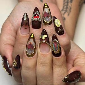 imageBABALAL Press on Nails Almond Medium Fake Nails Orange Glue on Nails 3D Water Ripple Acrylic Nail Design 24Pcs Summer False NailsFNn01Brown
