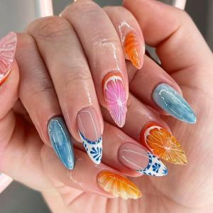 imageBABALAL Press on Nails Almond Medium Fake Nails Orange Glue on Nails 3D Water Ripple Acrylic Nail Design 24Pcs Summer False NailsFNn03orange