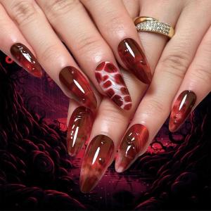 imageBABALAL Press on Nails Almond Medium Fake Nails Orange Glue on Nails 3D Water Ripple Acrylic Nail Design 24Pcs Summer False NailsFNn04red