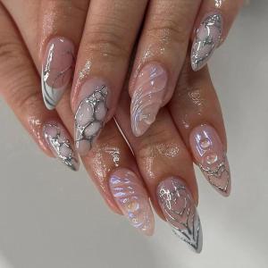 imageBABALAL Press on Nails Almond Medium Fake Nails Orange Glue on Nails 3D Water Ripple Acrylic Nail Design 24Pcs Summer False NailsFNn04sliver