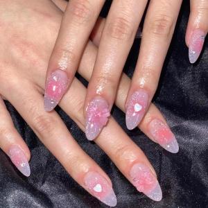 imageBABALAL Press on Nails Almond Medium Fake Nails Orange Glue on Nails 3D Water Ripple Acrylic Nail Design 24Pcs Summer False NailsFNn05pink
