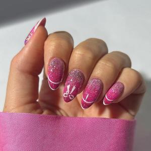 imageBABALAL Press on Nails Almond Medium Fake Nails Orange Glue on Nails 3D Water Ripple Acrylic Nail Design 24Pcs Summer False NailsFNn07bow