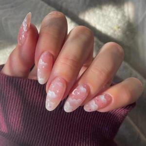 imageBABALAL Press on Nails Almond Medium Fake Nails Orange Glue on Nails 3D Water Ripple Acrylic Nail Design 24Pcs Summer False NailsFNn10pink