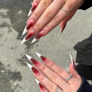 imageBABALAL Press on Nails Long Stiletto Fake Nails Dark Red Goth Glue on Nails White French Tip Acrylic Nails Almond False Nails 24Pcs Punk Halloween Stick on Nails