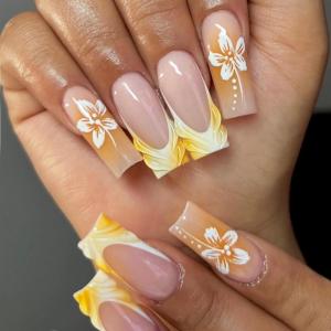 imageBABALAL Square Press on Nails Long Fake Nails Pink French Tip Glue on Nails 3d Flower Butterfly Rhinestone Charm Design Acrylic Nails 24Pcs Manicure Squoval False NailsFnm08yellow