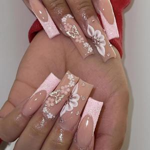 imageBABALAL Square Press on Nails Long Fake Nails Pink French Tip Glue on Nails 3d Flower Butterfly Rhinestone Charm Design Acrylic Nails 24Pcs Manicure Squoval False NailsFnm06pink