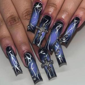 imageBABALAL Square Press on Nails Long Fake Nails Pink French Tip Glue on Nails 3d Flower Butterfly Rhinestone Charm Design Acrylic Nails 24Pcs Manicure Squoval False NailsFnm05blue